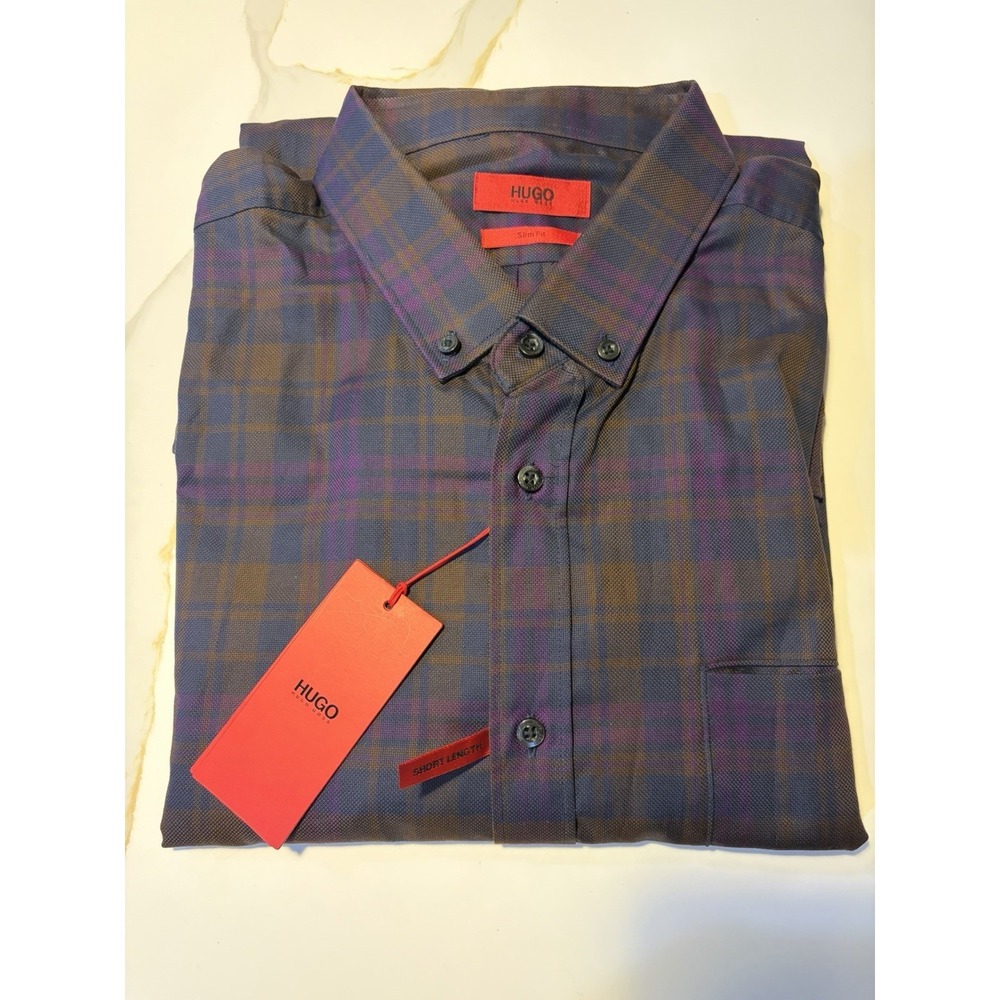 NWT Men's HUGO BOSS Purple  Plaid Dress Shirt Xxl Sharp Fit
